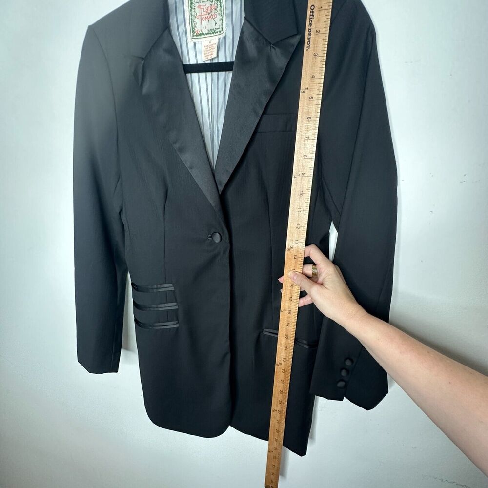 Flying Tomato Black Long One-Button Tuxedo Blazer Satin Trim Lapel & Pockets M - Picture 8 of 12
